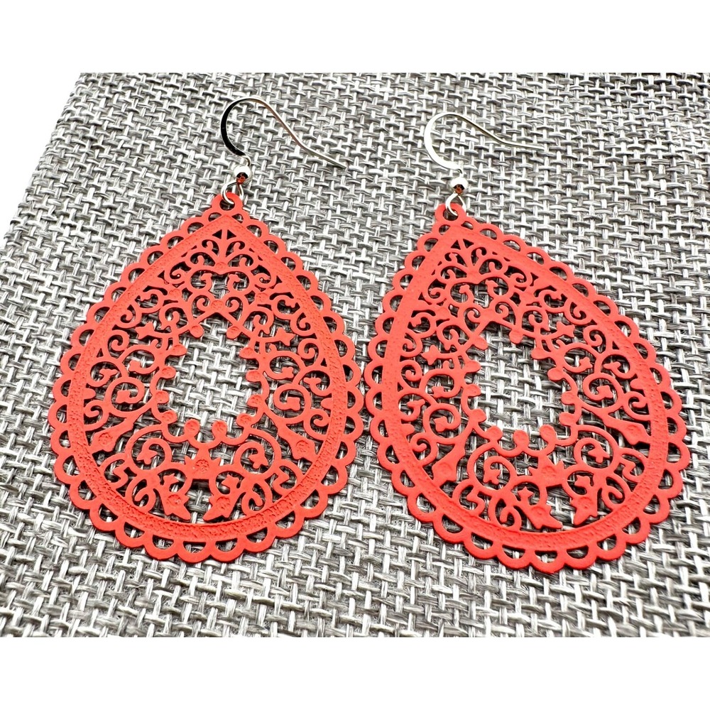 Bright Red Delicate Filigree Teardrop Earrings